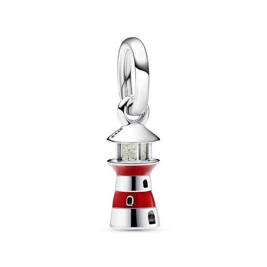 PANDORA 792714C01 Lighthouse sterling silver dangle with red enamel and milky green photoluminescent glass, vuurtoren