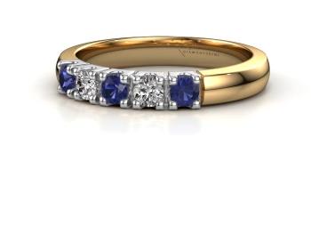 18 kt memoire ring gezet met 5 x Saffier en 6 x Diamant.