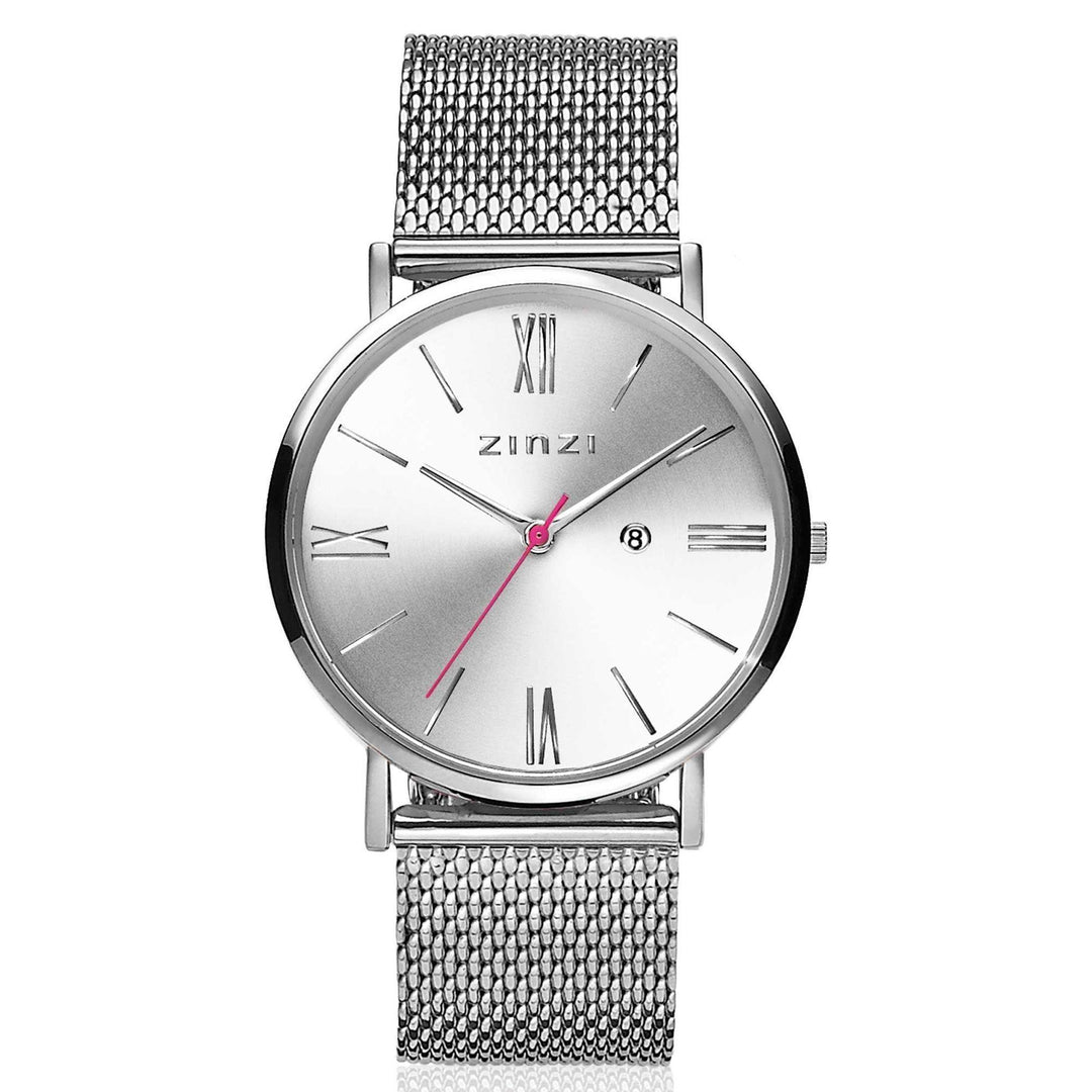 ZINZI Roman horloge zilvergekleurde wijzerplaat en kast stalen mesh band 34mm extra dun ZIW502M