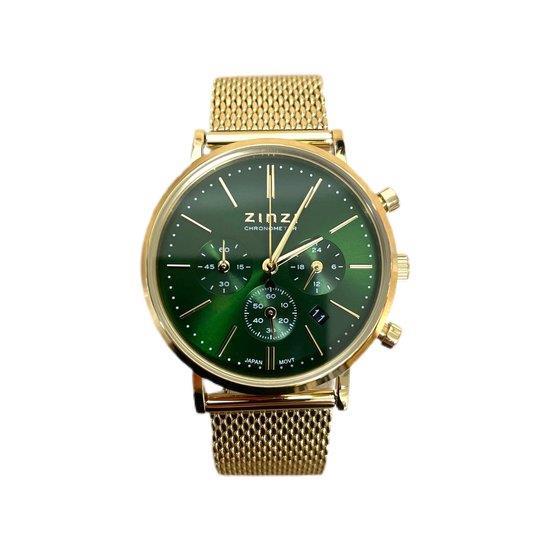 ZINZI horloge CHRONOGRAPH 34mm groene wijzerplaat met datum en chronometers, geelgoudkleurige stalen kast, geelgoudkleurige stalen mesh band 18mm ZIW1535
