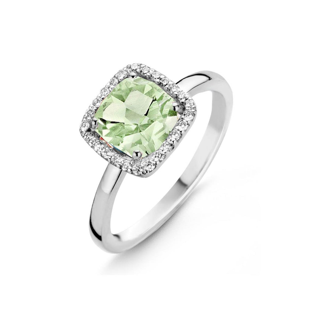 Etna ring in 18K witgoud met prasioliet en diamanten.