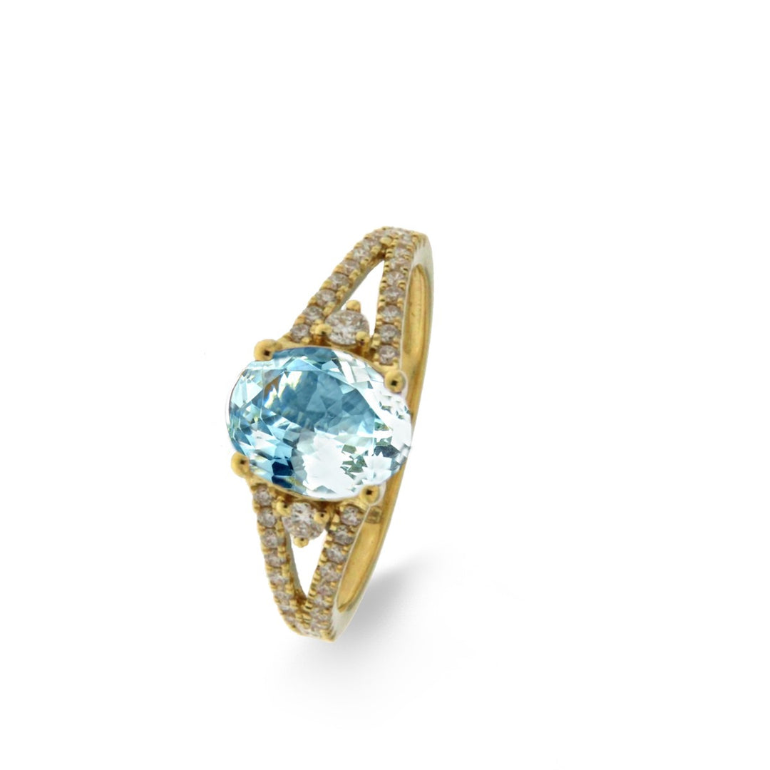 18 Karaat Geelgouden Entouragering met Aquamarijn en Diamanten – Model 069420IA