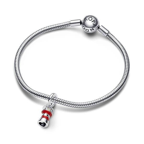 PANDORA 792714C01 Lighthouse sterling silver dangle with red enamel and milky green photoluminescent glass, vuurtoren