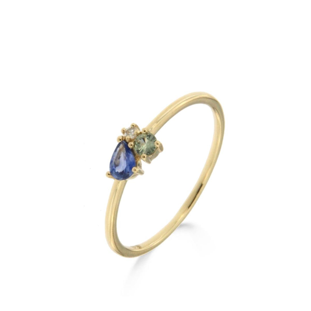 18 kt ring bl saff groen saff en diamant 066231SA