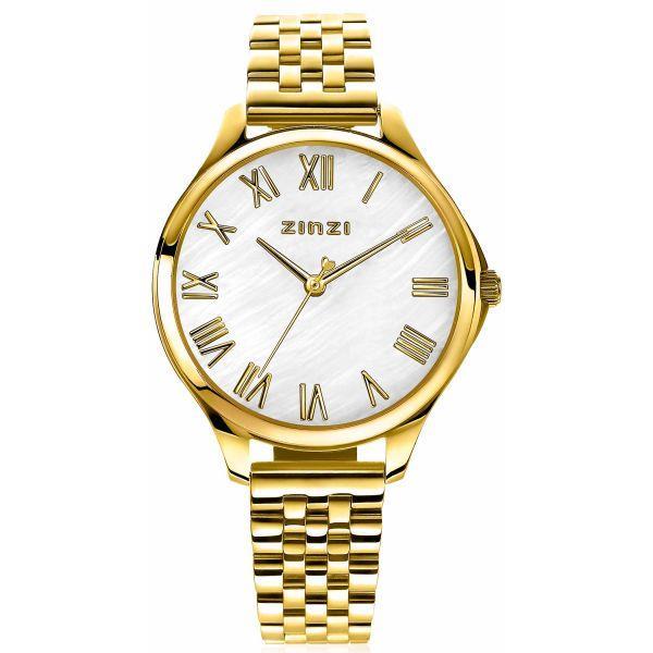 ZINI horloge JULIA 34mm wit parelmoer wijzerplaat romeinse cijfers goudkleurige stalen kast en band ziw1134