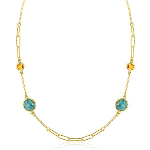 ZINZI zilveren fantasie ketting met paperclip schakels en vier ronde zettingen bezet met licht blauwe en indigo blauwe kleurstenen 40-45cm ZIC2418G