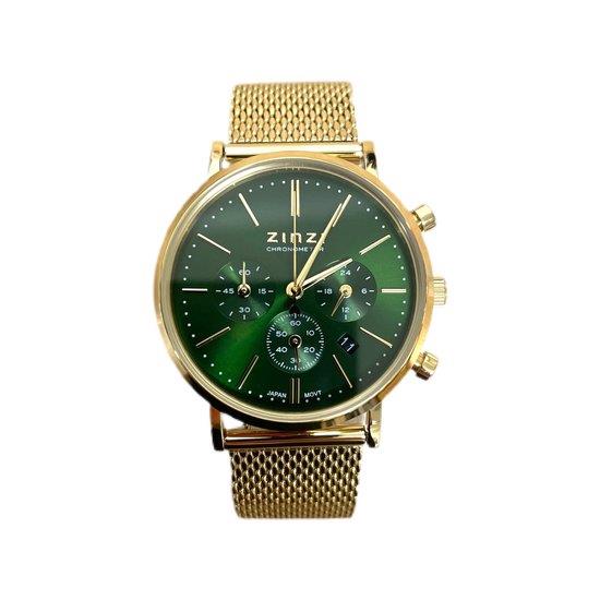 ZINZI horloge CHRONOGRAPH 34mm groene wijzerplaat met datum en chronometers, geelgoudkleurige stalen kast, geelgoudkleurige stalen mesh band 18mm ZIW1535