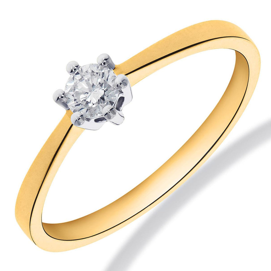 Solitairring met 6-poots zetting, bezet met 1 diamant van 0.10 karaat, kwaliteit H SI.