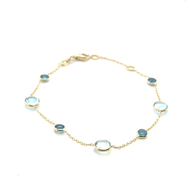 14 karaat geelgouden armband met Sky Blue en London Blue Topaas – 17-19 cm