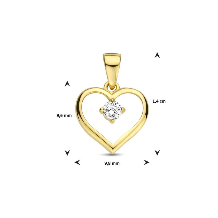 14k Geelgouden hanger uitgevoerd in de vorm van een hartje met daarin een heldere zirkonia. De hanger heeft een totale hoogte van 1.4cm en een breedte van 9.8mm.