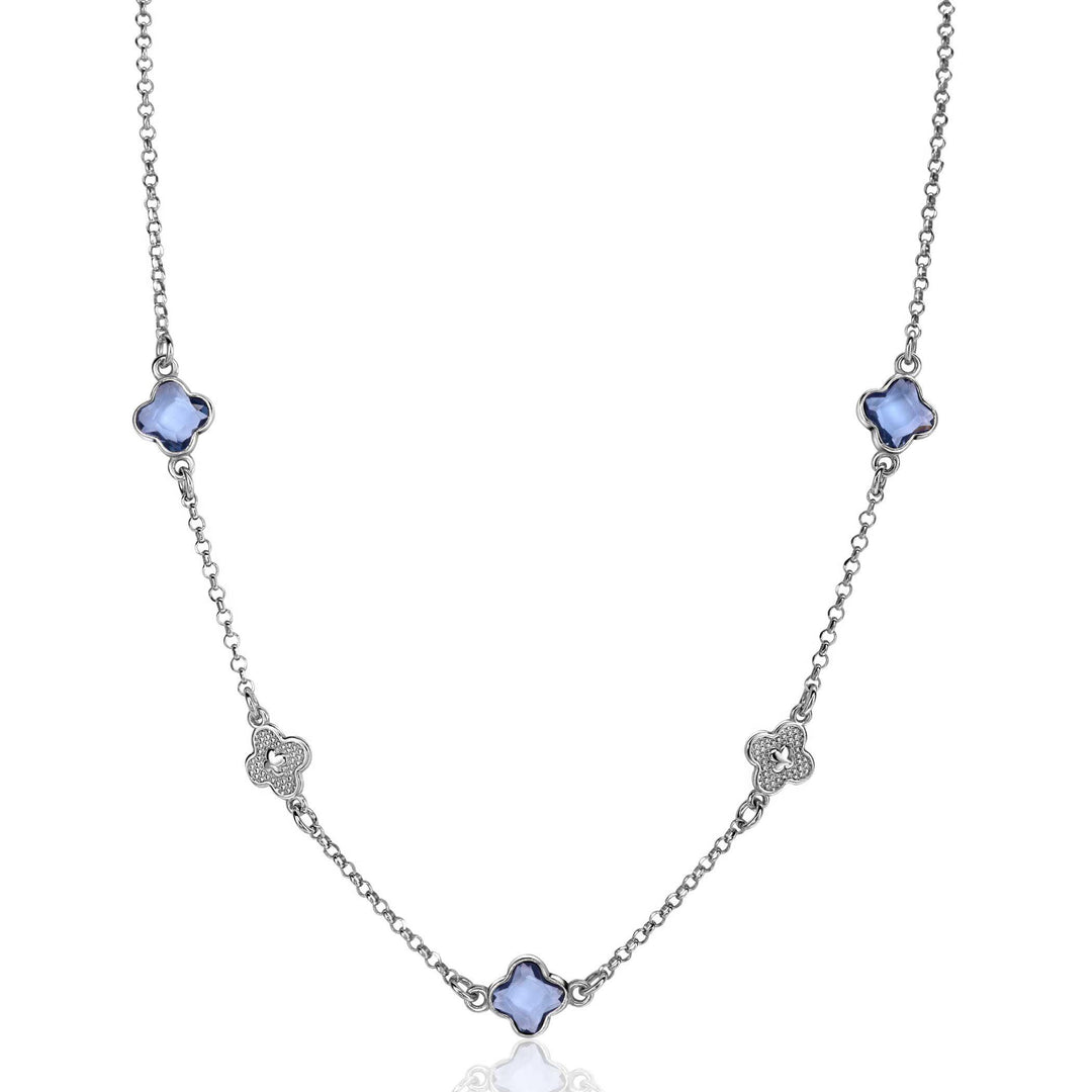 ZINZI zilveren schakel ketting met twee zilveren en drie blauwe klavers 40-45cm ZIC2582