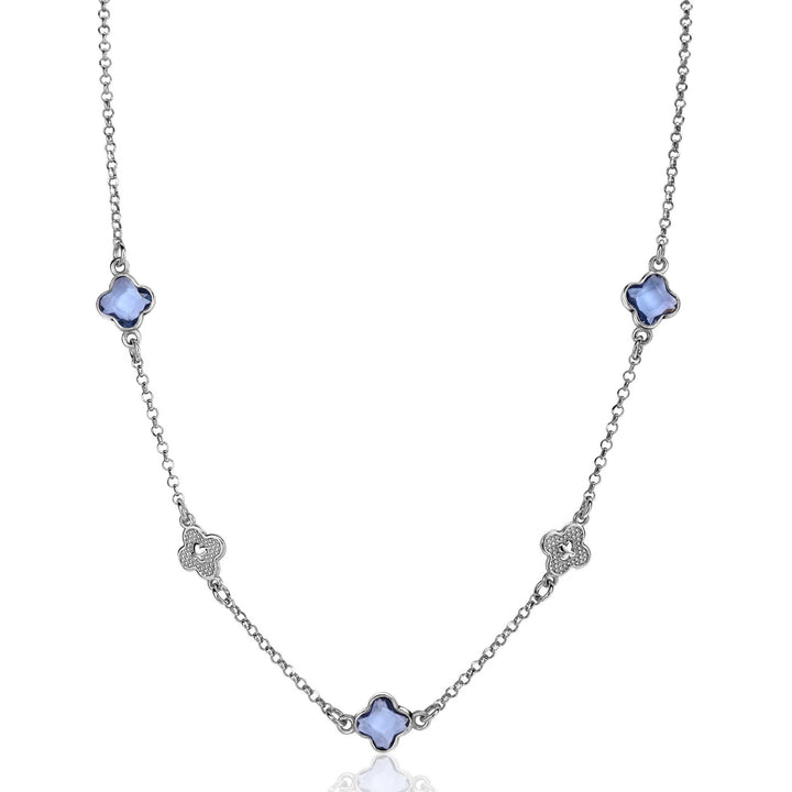 ZINZI zilveren schakel ketting met twee zilveren en drie blauwe klavers 40-45cm ZIC2582