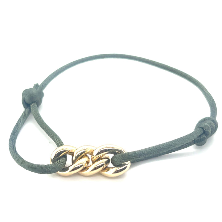 14 Karaat Gouden Armband – 3 Schakel Links met Groen Satijnkoord 10 mm x 2,5 cm