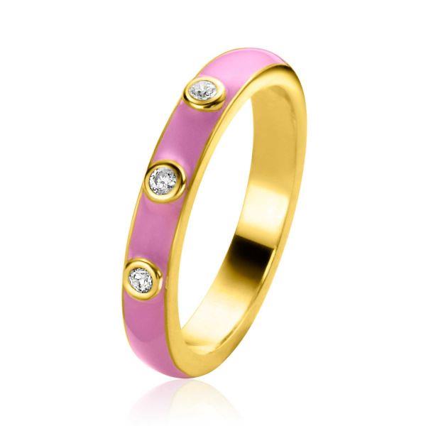 ZINZI gold plated zilveren aanschuifring trendy roze emaille en witte zirconia&
