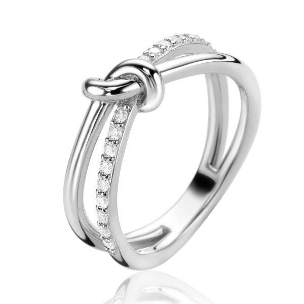 ZINZI zilveren cross-over ring met knoop en bezet met witte zirconia&