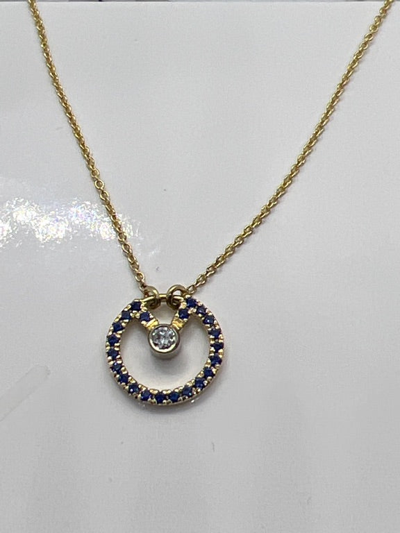 14 kt collier met hanger saffer & diamant .0.10ct