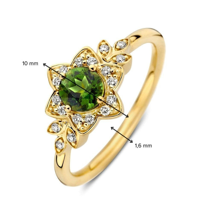 14 karaats geelgouden ring met groene toermalijn en diamant 0.12 ct RG138387