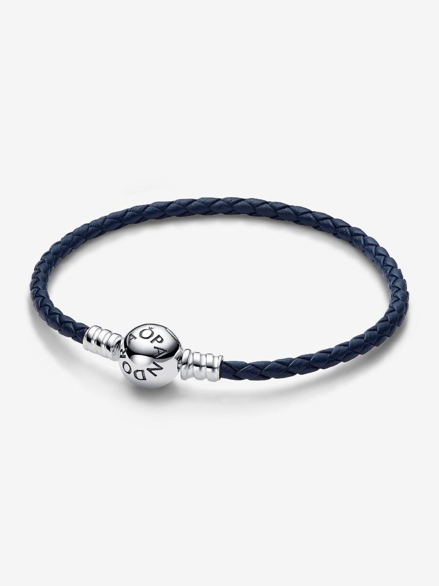 Pandora Moments Blauwe Gevlochten Leren Armband met Ronde Sluiting 592790C01-S3