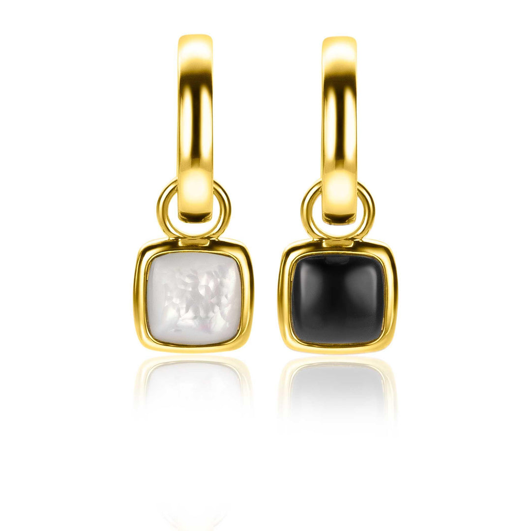 ZINZI zilveren oorbedels extra 14K geel verguld vierkant tweezijdig zwarte onyx en witte parelmoer 10mm ZICH2257G