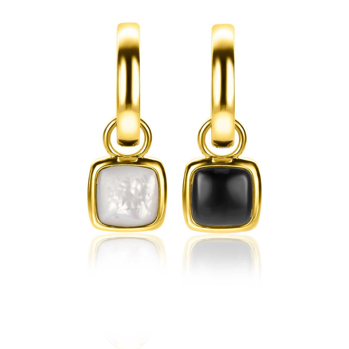 ZINZI zilveren oorbedels extra 14K geel verguld vierkant tweezijdig zwarte onyx en witte parelmoer 10mm ZICH2257G
