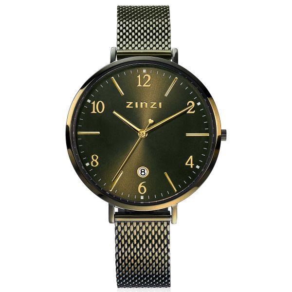 ZINZI horloge SOPHIE olijfgroene wijzerplaat met datum, olijfgroene kast 38mm, stalen mesh band 16mm ZIW1444