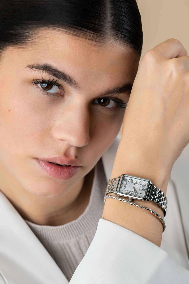 ZINZI Elegance horloge witte wijzerplaat en rechthoekige kast stalen schakelband 28mm extra dun ZIW1906
