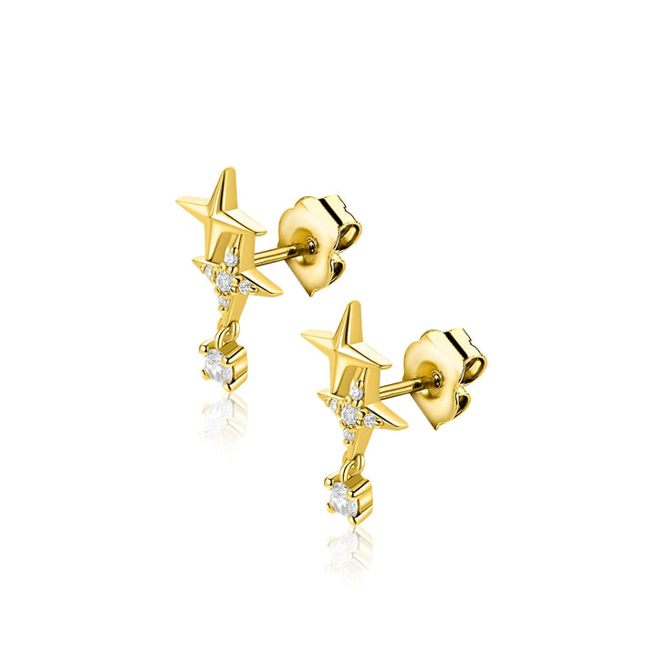 14,5mm ZINZI goldplated zilveren oorstekers 'sterrendans' met twee speelse sterren en bungelende witte zirkonia ZIO2837