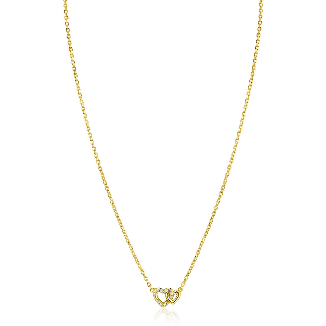 ZINZI gold plated zilveren ketting 42–45cm met verbonden hartjes, witte zirkonia&