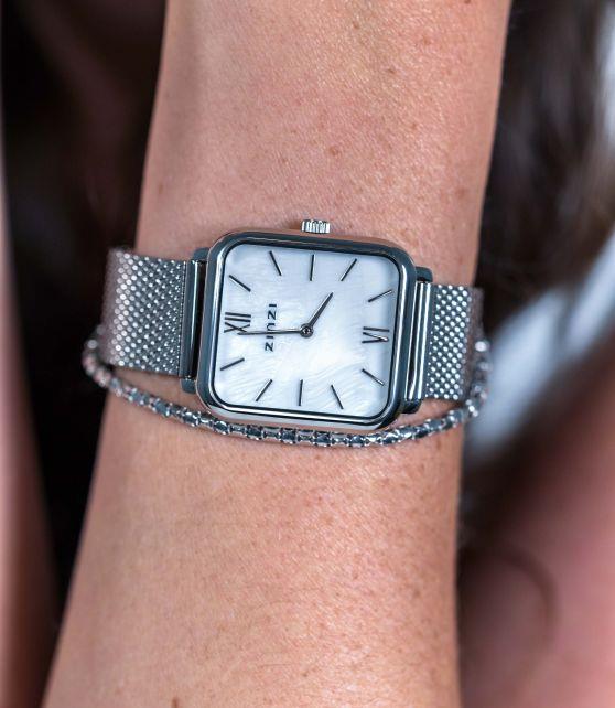 ZINZI Square Roman horloge witte parelmoer wijzerplaat en rechthoekige kast stalen mesh band 32mm extra dun ZIW821M
