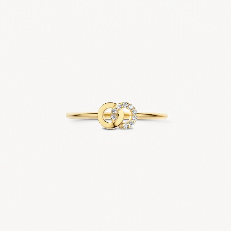 14k Geelgouden Ring met Twee Rondjes en Zirkonia 1282YZI