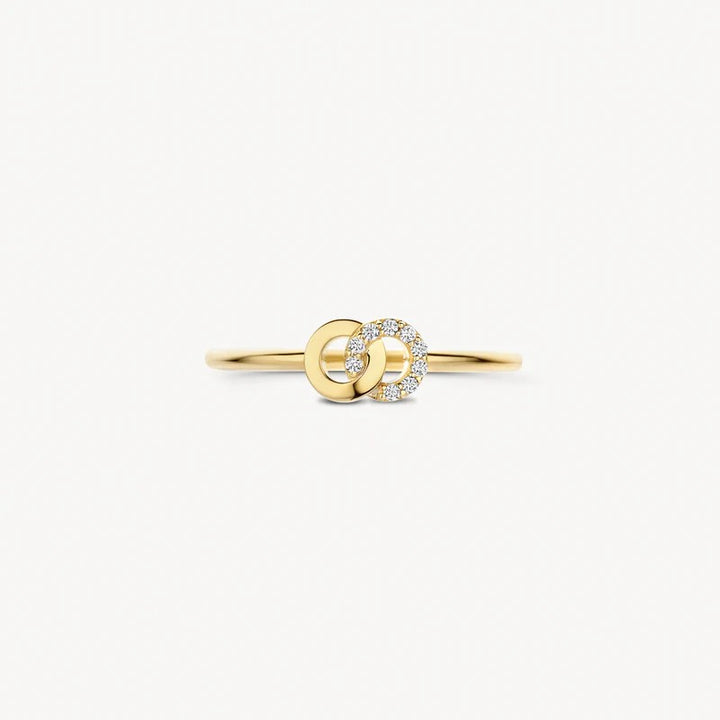14k Geelgouden Ring met Twee Rondjes en Zirkonia 1282YZI