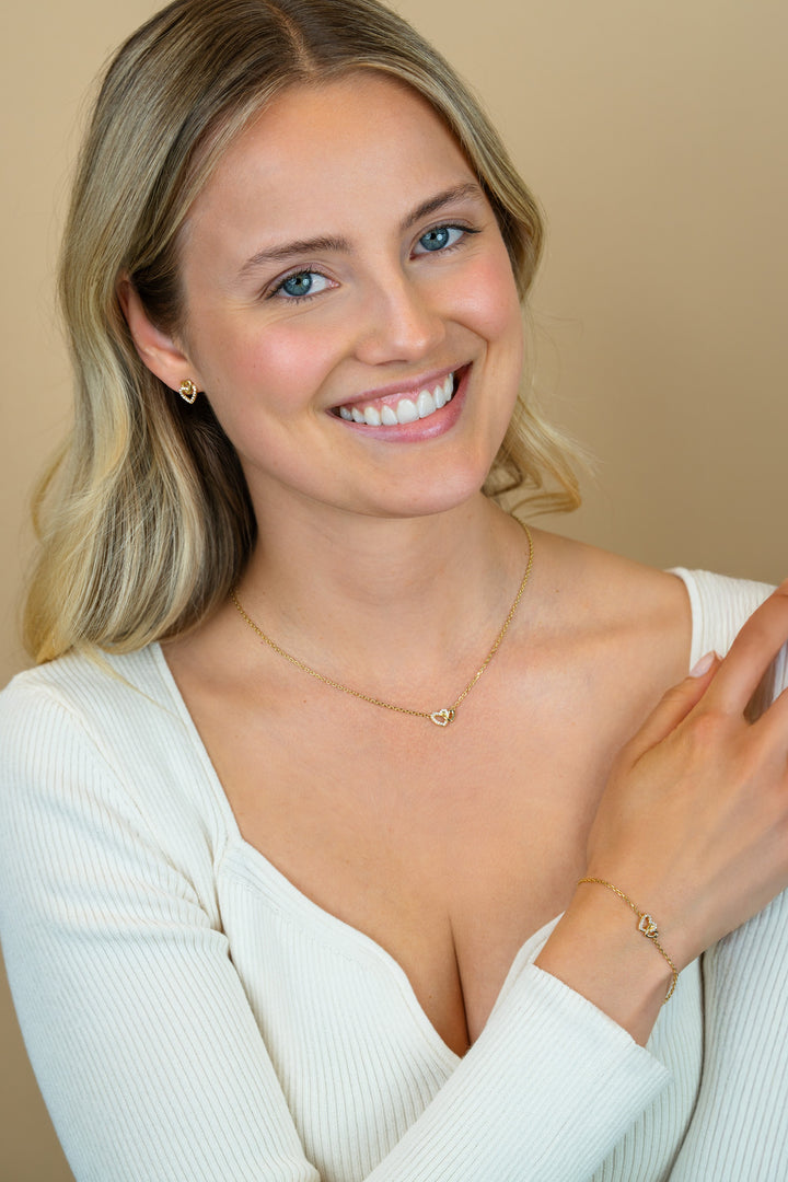 ZINZI gold plated zilveren ketting 42–45cm met verbonden hartjes, witte zirkonia&