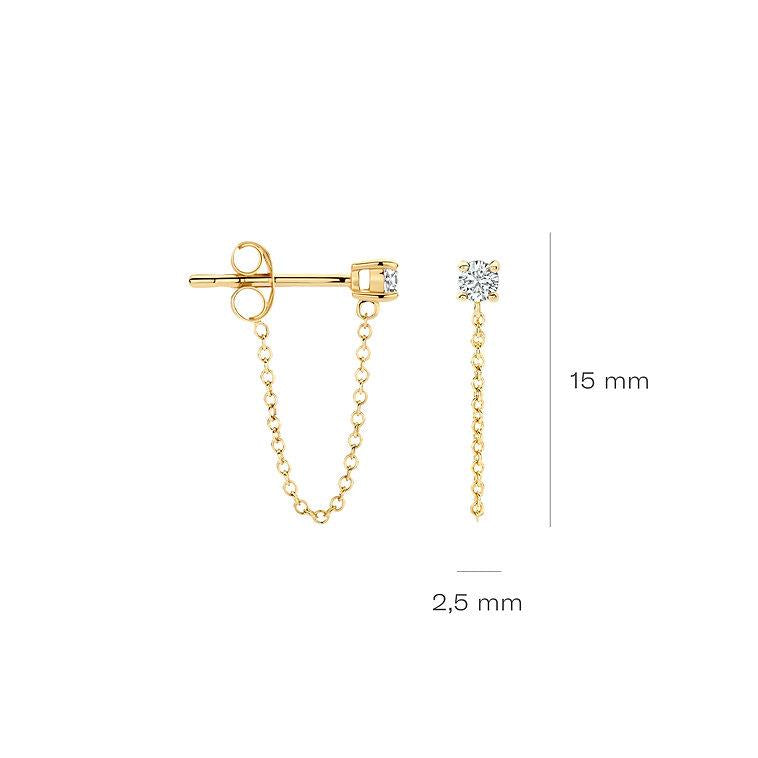 7344YZI Blush geelgouden oorknoppen zirconia met kettinkje