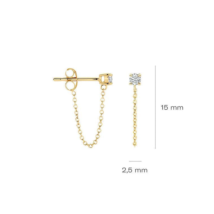 7344YZI Blush geelgouden oorknoppen zirconia met kettinkje