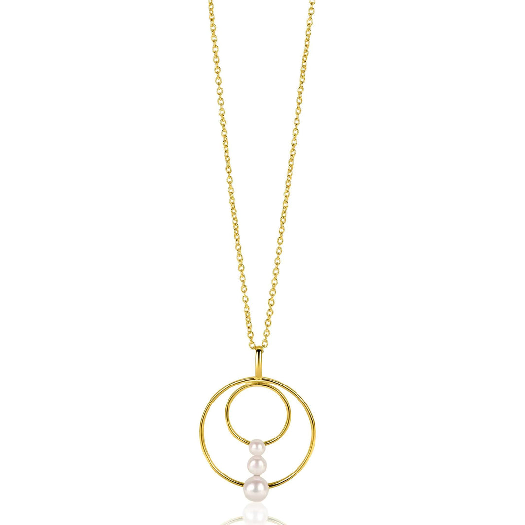 34mm ZINZI gold plated zilveren ronde fantasie hanger bezet met drie ronde witte zoetwaterparels ZIH2616 (zonder collier)