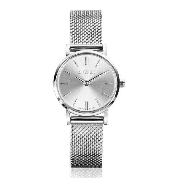 ZINZI Retro Mini horloge zilvergekleurde wijzerplaat, zilverkleurige kast en stalen mesh band, 24mm extra dun ZIW1802