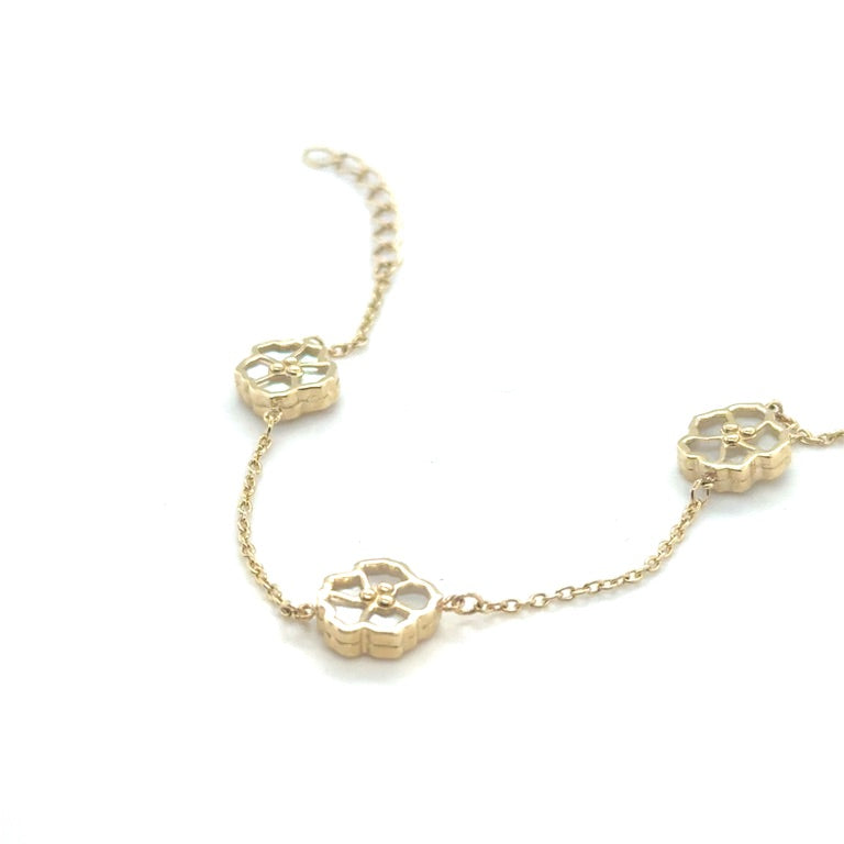 14 karaat geelgouden armband met parelmoer bloemen – 17-19 cm