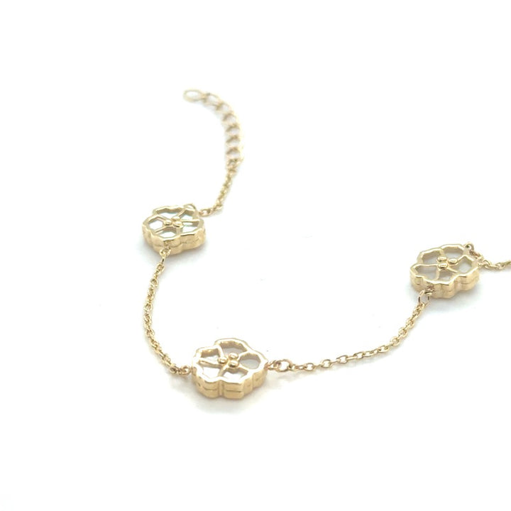 14 karaat geelgouden armband met parelmoer bloemen – 17-19 cm