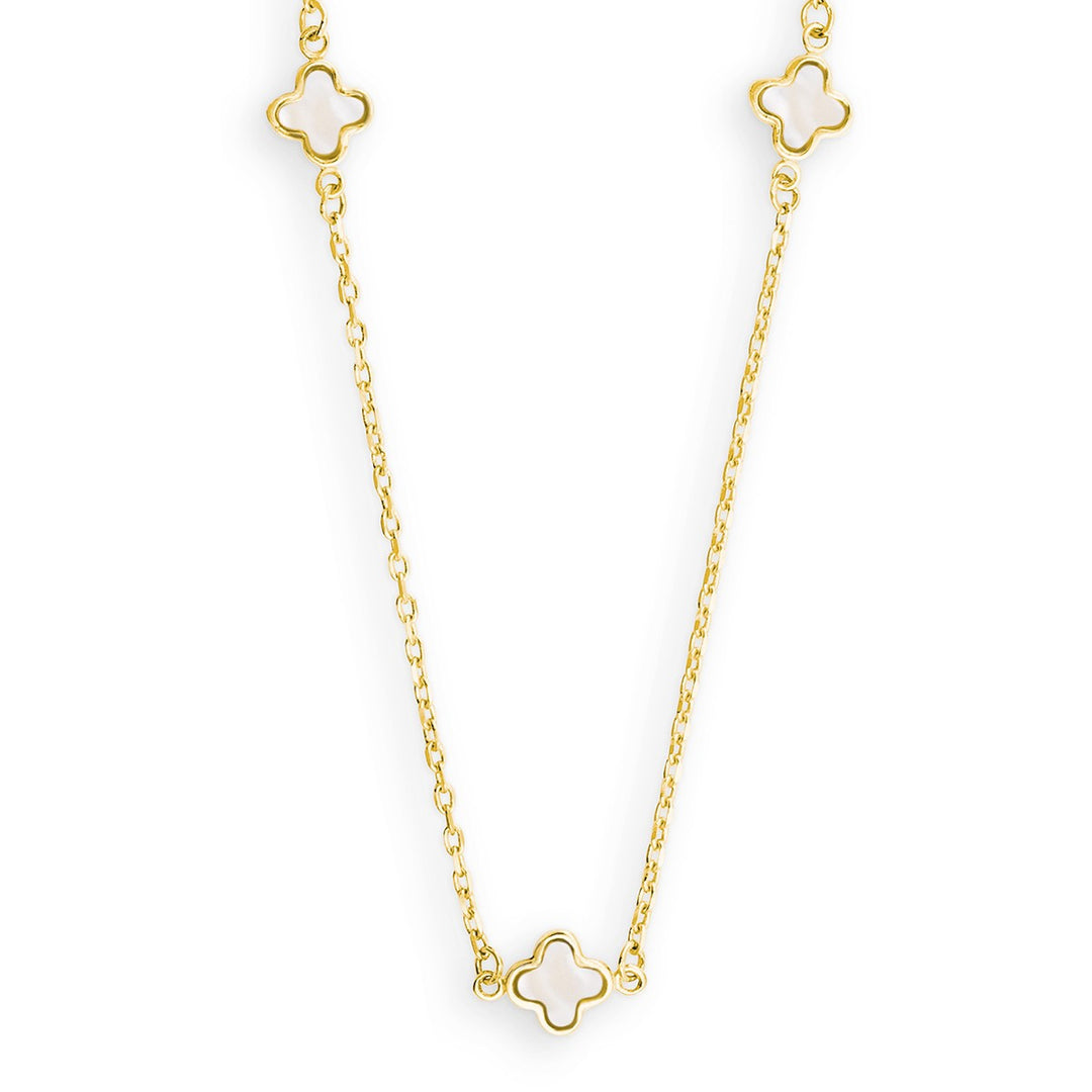 14 Karaat Geelgouden Collier met Witte Parelmoer Klavers 45 cm