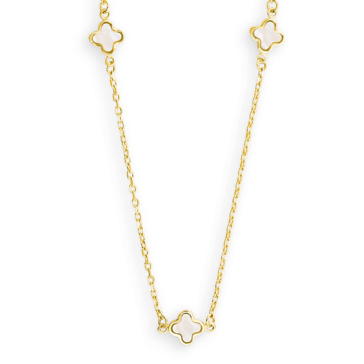 14 Karaat Geelgouden Collier met Witte Parelmoer Klavers 45 cm