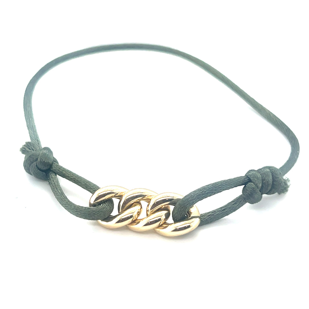 14 Karaat Gouden Armband – 3 Schakel Links met Groen Satijnkoord 10 mm x 2,5 cm