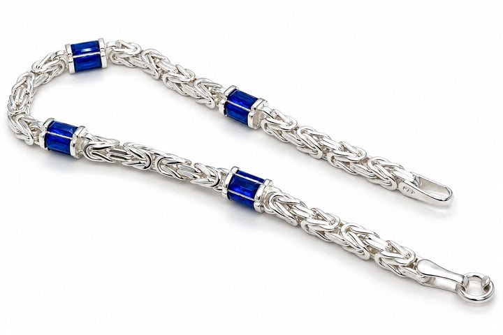 Zilveren Massieve Koningsschakel Armband 4 mm met Blauwe Zirkonia Baguette 19 cm