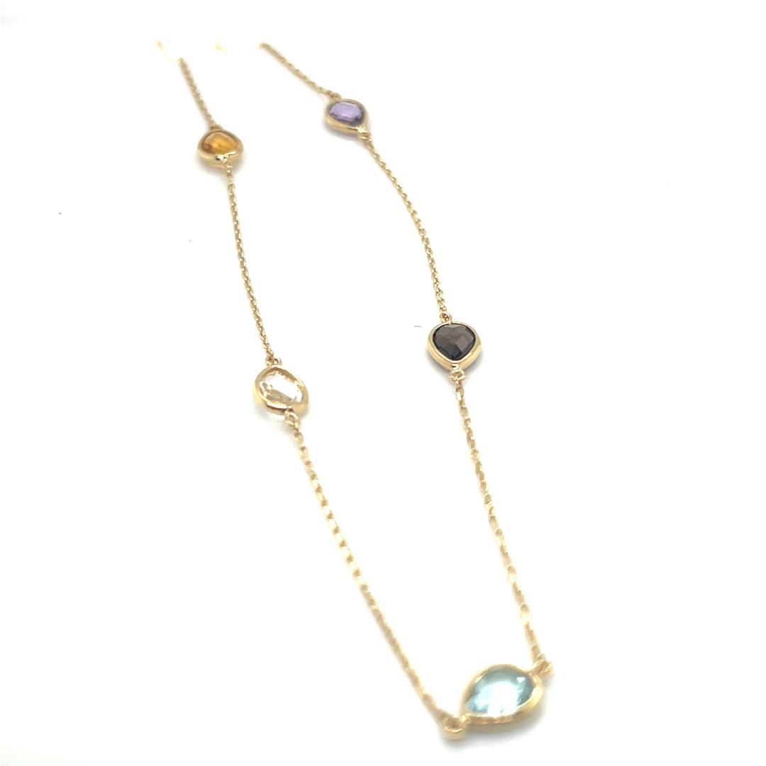 14 kt geelgouden collier met diverse edelstenen op lengte 42-45 cm