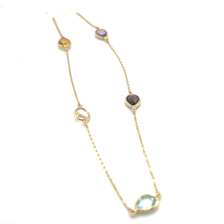 14 kt geelgouden collier met diverse edelstenen op lengte 42-45 cm