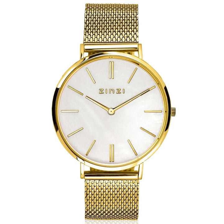 ZINZI retro horloge 38 mm geelgoudkleurig met parelmoer wijzerplaat ZIW448M