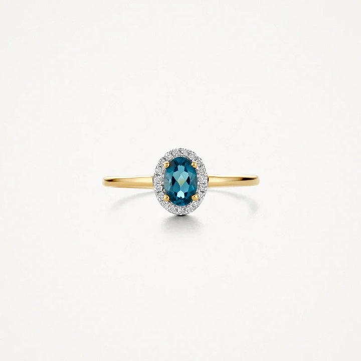 14 Karaat Geelgouden Ring met Blauwe Topaas en Diamant