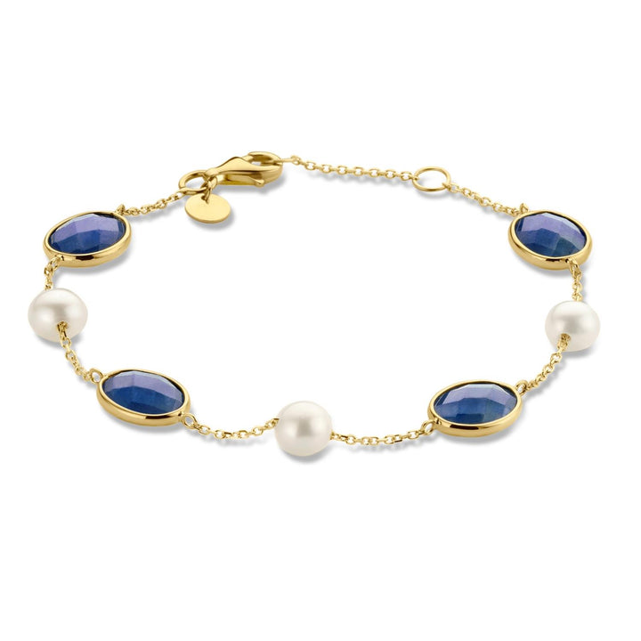 Geelgouden armband met ankerschakel en facet geslepen Jade edelstenen en pareltjes. AM136642
