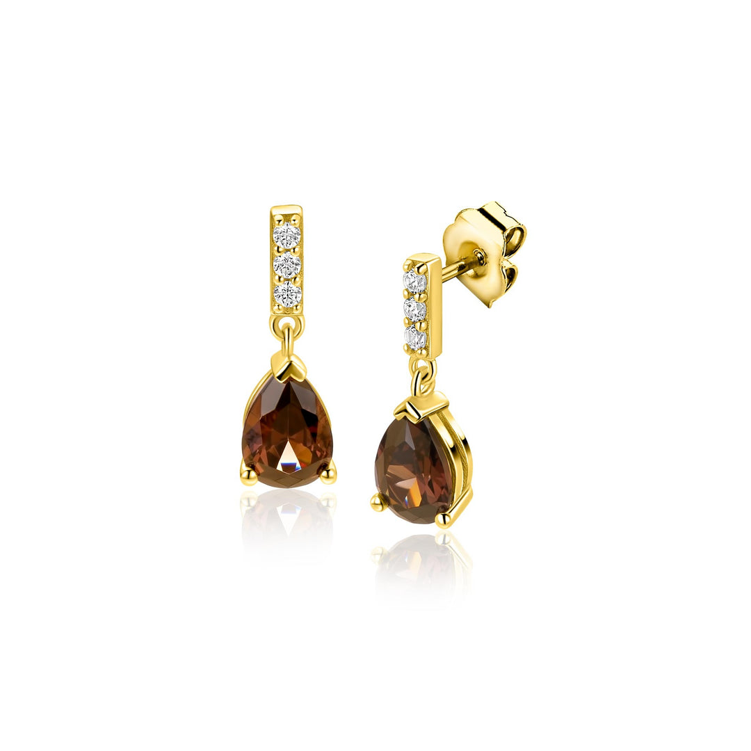 ZINZI goldplated oorstekers met bruine druppelsteen  ZIO2804