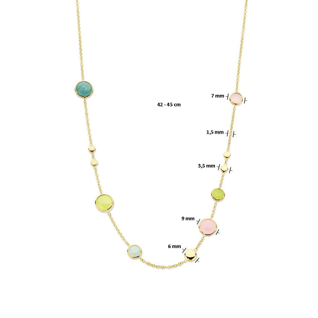 14k Geelgouden collier uitgevoerd met licht groen, licht blauw en roze kwartsiet. Het collier heeft draaglengtes van 42-45cm.