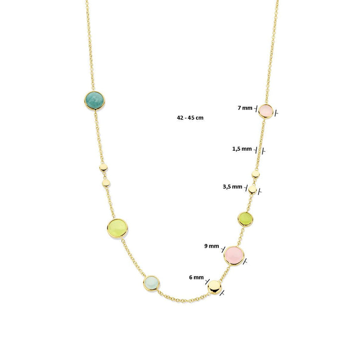 14k Geelgouden collier uitgevoerd met licht groen, licht blauw en roze kwartsiet. Het collier heeft draaglengtes van 42-45cm.